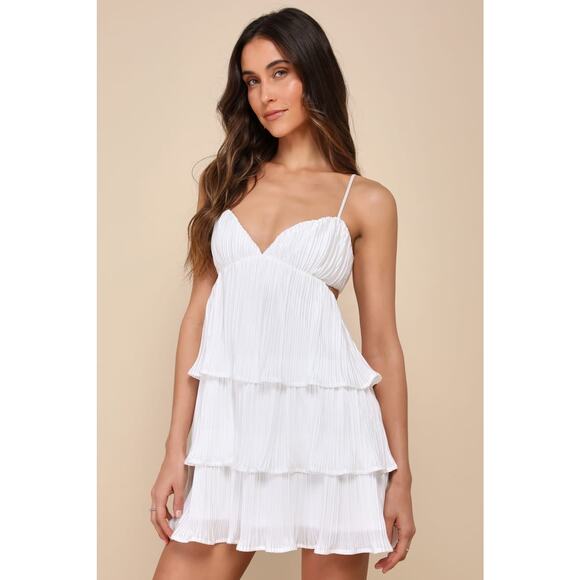 Lulu's Dresses & Skirts - NWT Lulus Sleek Dedication White Satin Plisse Cutout Tiered Mini Dress Size XL